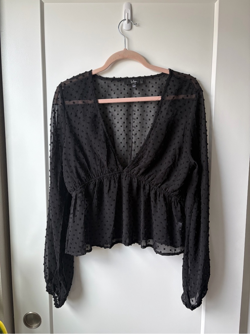 Lulu's Black Sheer Swiss Dot Long Sleeved Blouse